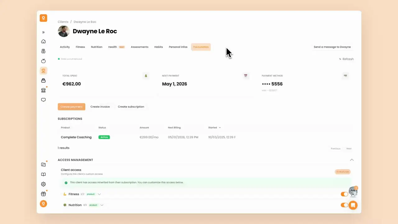 Managing subscriptions and client access in Gymkee