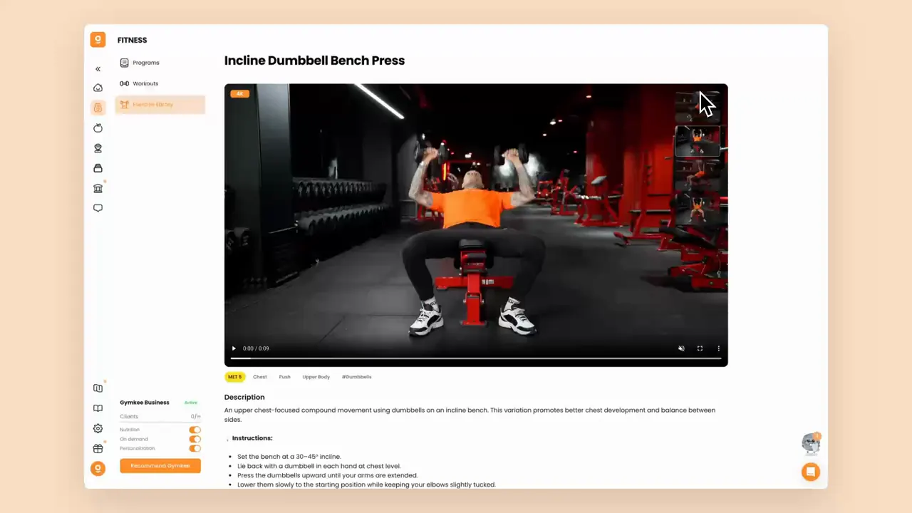 Library of 550+ exercises with 4K videos in Gymkee