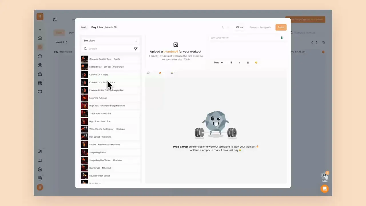 Demo of Gymkee workout builder with drag-and-drop