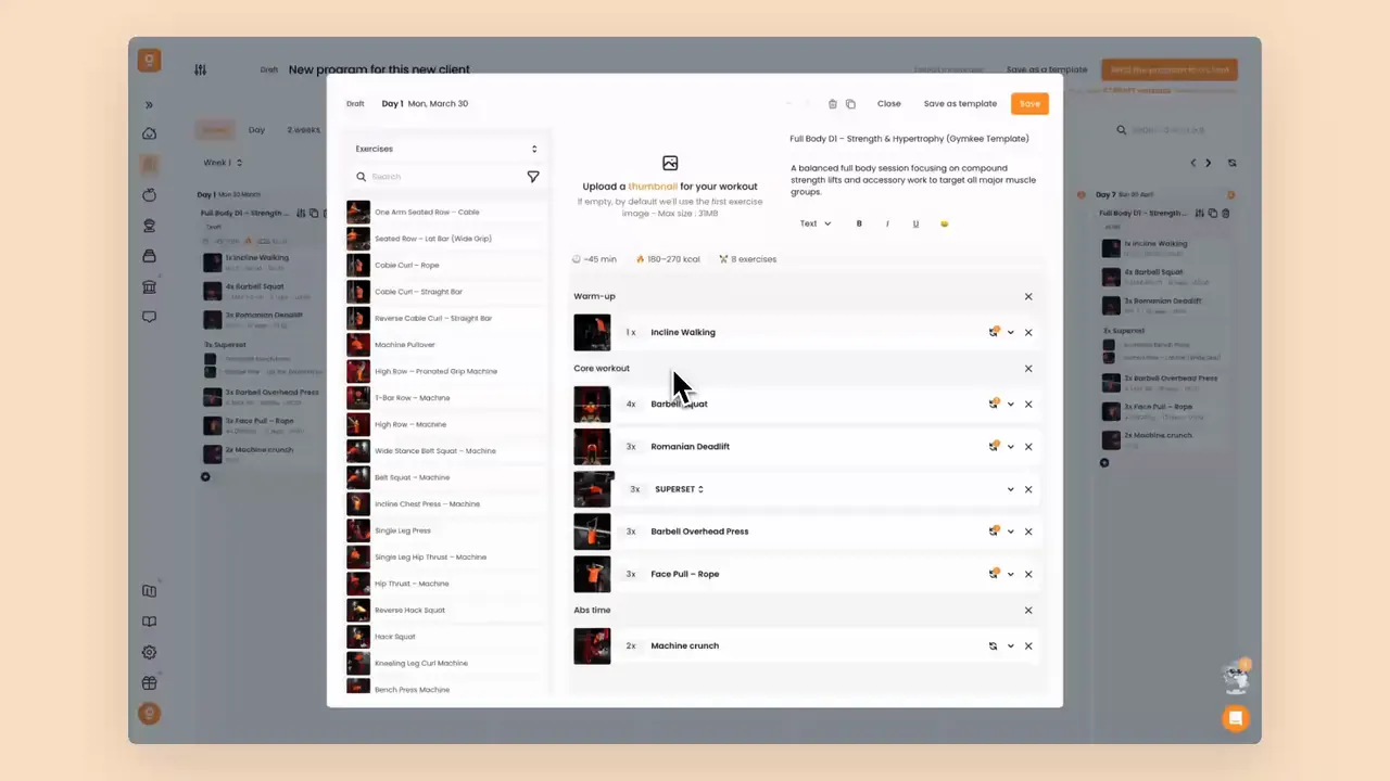Creating workout templates in Gymkee