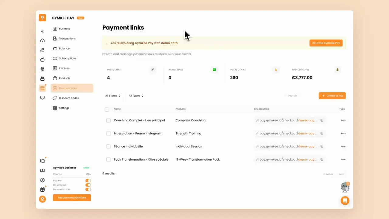 Creating a payment link in Gymkee Pay