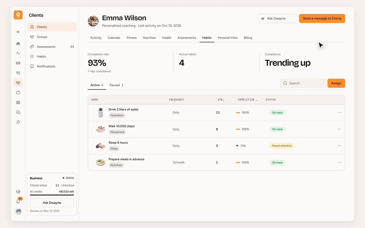 Client habit tracking in Gymkee