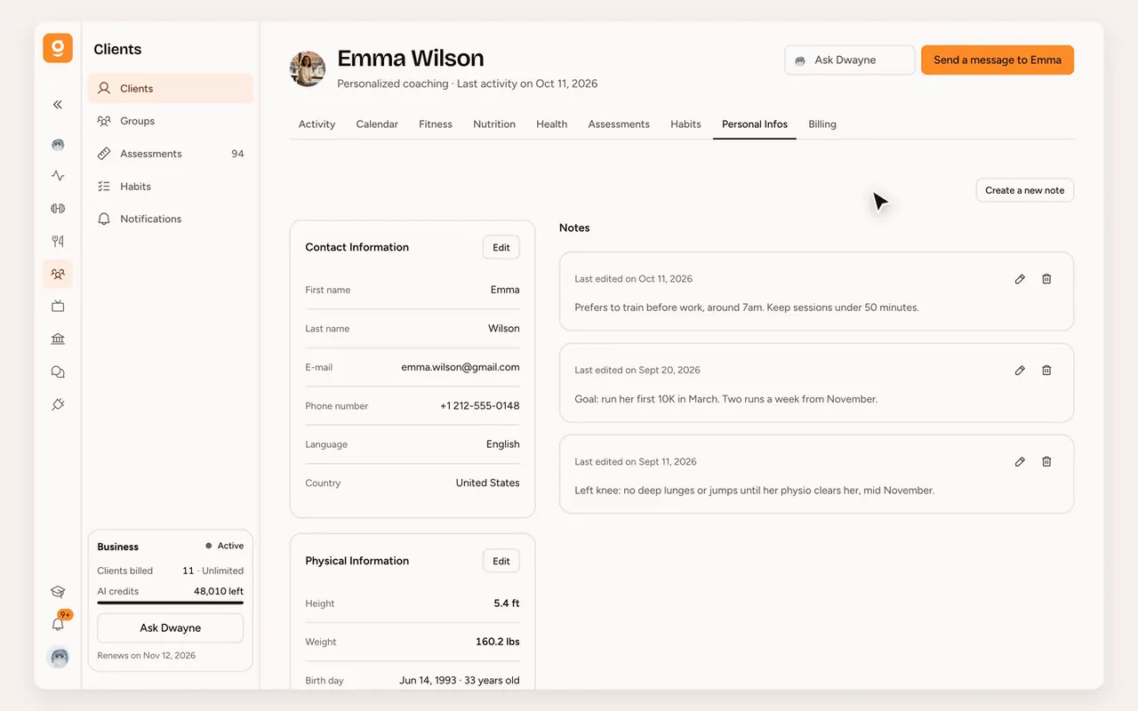 Client notes in Gymkee