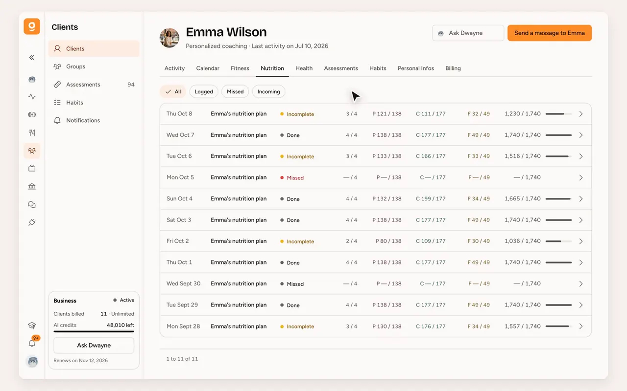 Client nutrition tracking in Gymkee