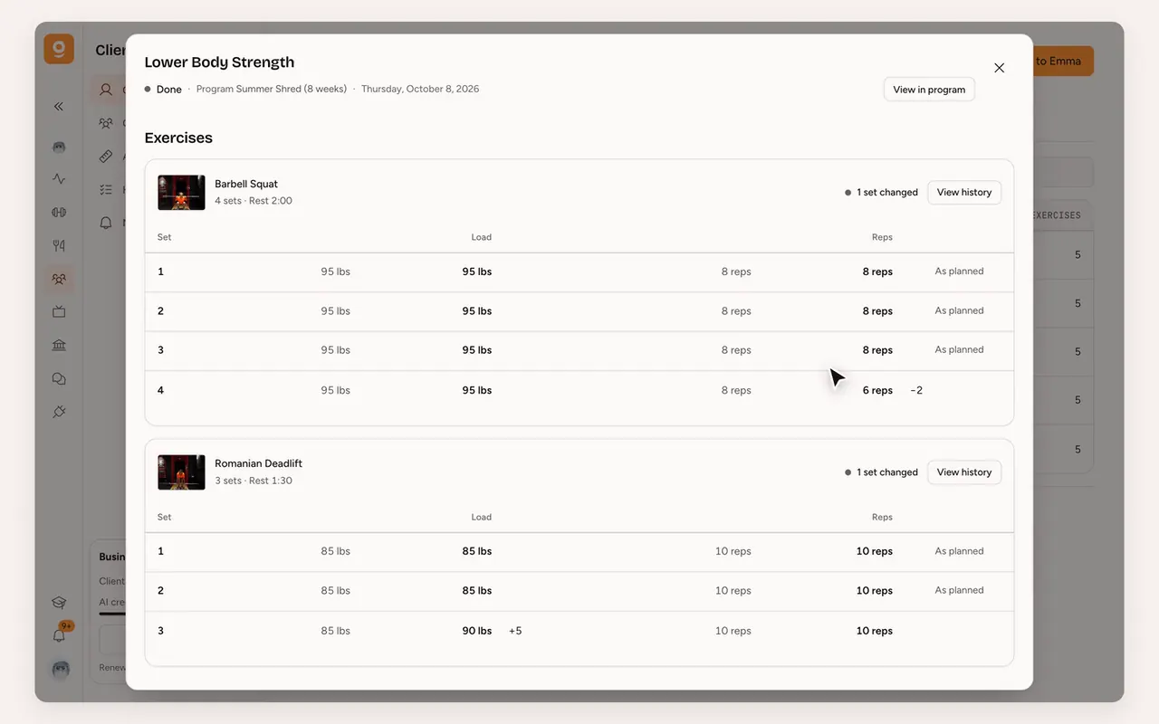 Client workout tracking in Gymkee