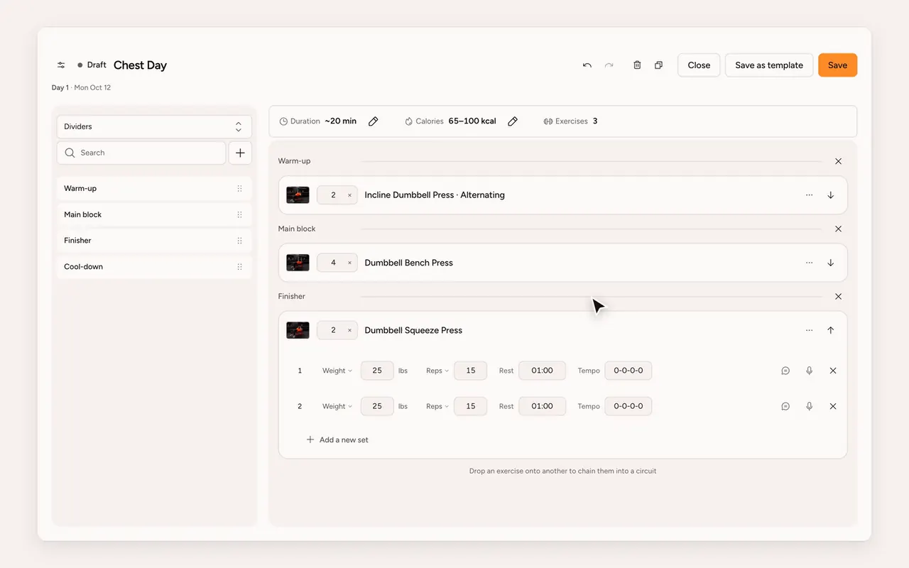 Adding dividers and sections in a Gymkee workout