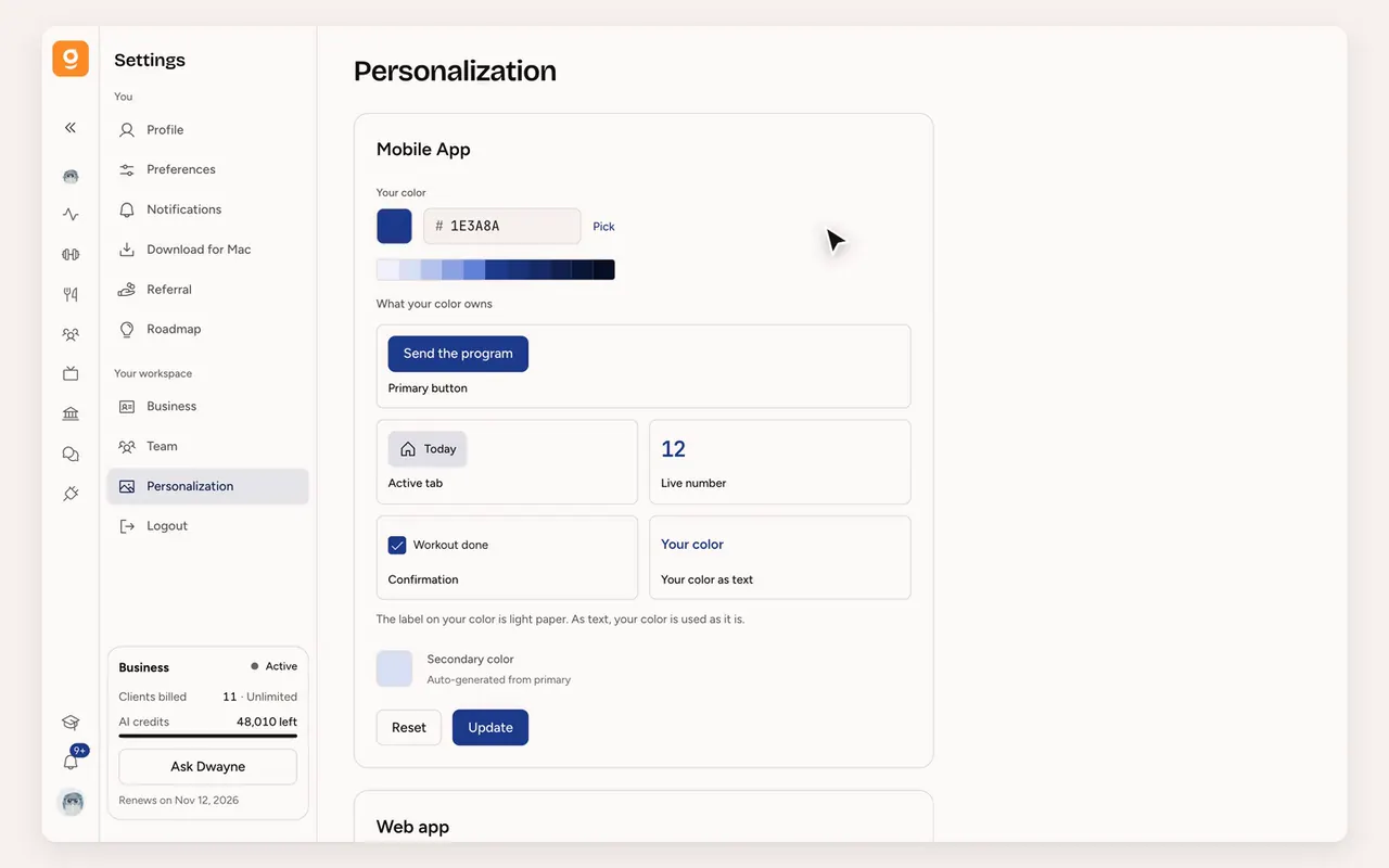 Brand color customization in Gymkee